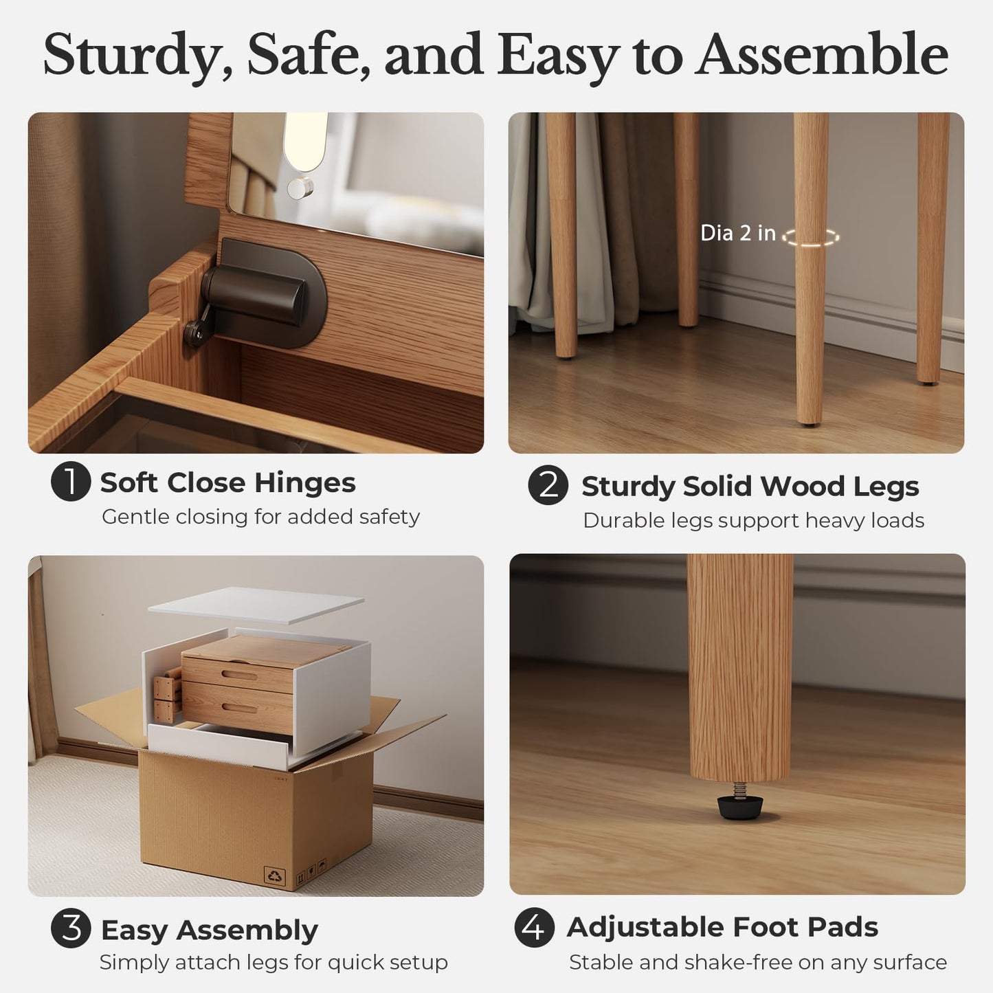 Muwuele Solid Wood Small Vanity Desk with Mirror and Lights, Narrow Makeup Vanity for Small Space, Flip Top Vanity Side Table, 3 Color Modes & Adjustable Brightness, 19.6" Slim Dressing Table, Natural