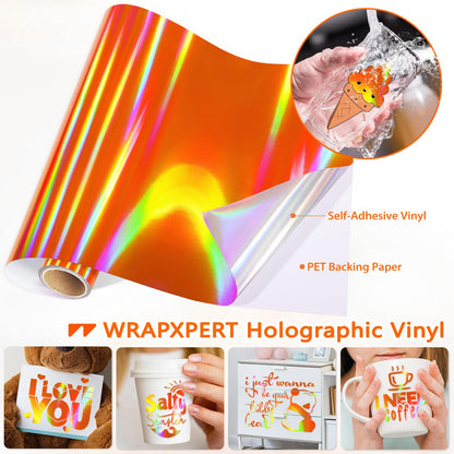 WRAPXPERT Holographic Vinyl Roll Orange, Holographic Permanent Vinyl Orange Glossy Craft 12" x 5ft, Chrome No Bubble Iridescent for DIY Craft Decal