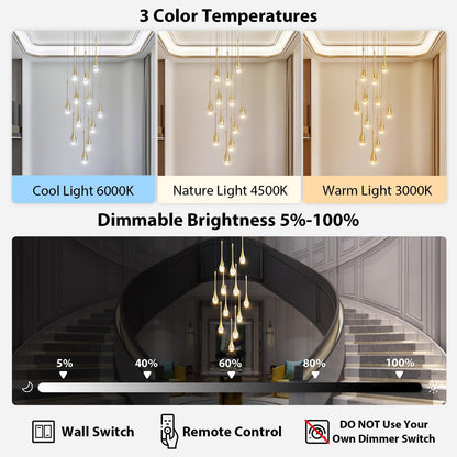 Raindrop Crystal Chandelier High Ceiling: 12 Lights Remote Dimmable LED - Large Long Modern Bubble Hanging Pendant Light Fixture Teardrop Spiral Chandeliers for Living Room Staircase Entryway Foyer