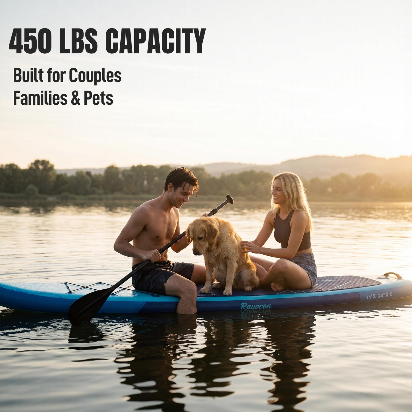 Inflatable Stand Up Paddle Board 11'×34" Extra Wide SUP, Ultra-Stable for Adults & Dog, 450lbs, Dual Chamber Pump, Fiberglass Paddle, Military Grade Dual Layer, Jellyfish Flow Design（Blue）