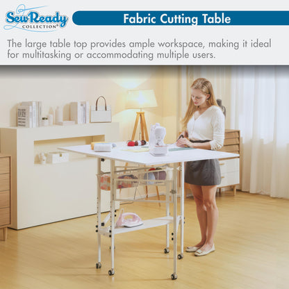 Sew Ready Folding Sewing Craft Table with Storage, Adjustable Height Cutting Desk with Drawers and Wheels for Quilting, Fabric, and Hobby Room, White