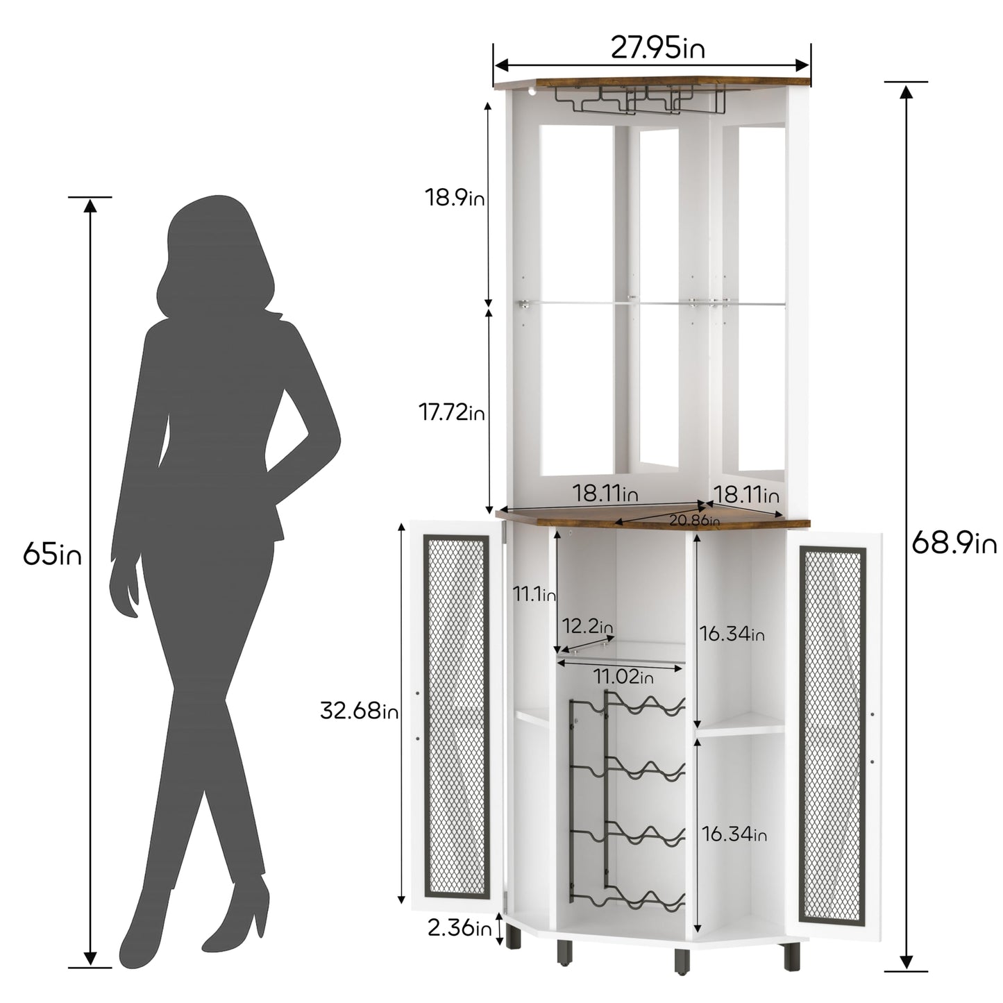 Oransail 68.9“ Tall Corner Bar Cabinet, Wine Bar with LED Light and Mirror, Farmhouse Liquor Cabinet with Adjustable Shelf & Glass Rack, for Dining Room, Living Room