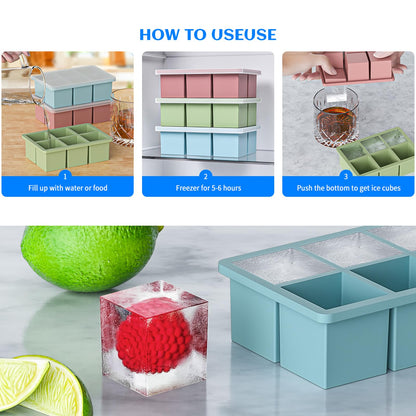 Large Ice Cube Tray for Whiskey 3 Pack, HANCELANT Big Silicone Square Ice Cube Mold with Removable Lid, 2'' Huge Square Ice Cubed Tray for Whisky and Cocktail(Blue+Green+Pink)