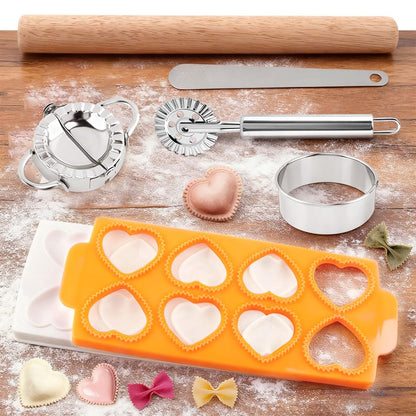 8PCS Ravioli Maker Press Set,Ravioli Stamp Maker Cutter with Wood Rolling Pin,Empanada Maker-Press,Ravioli Wheel and Stuffing Spoon,for Homemade Pasta,Dumpling,Pastry Kit(Yellow)