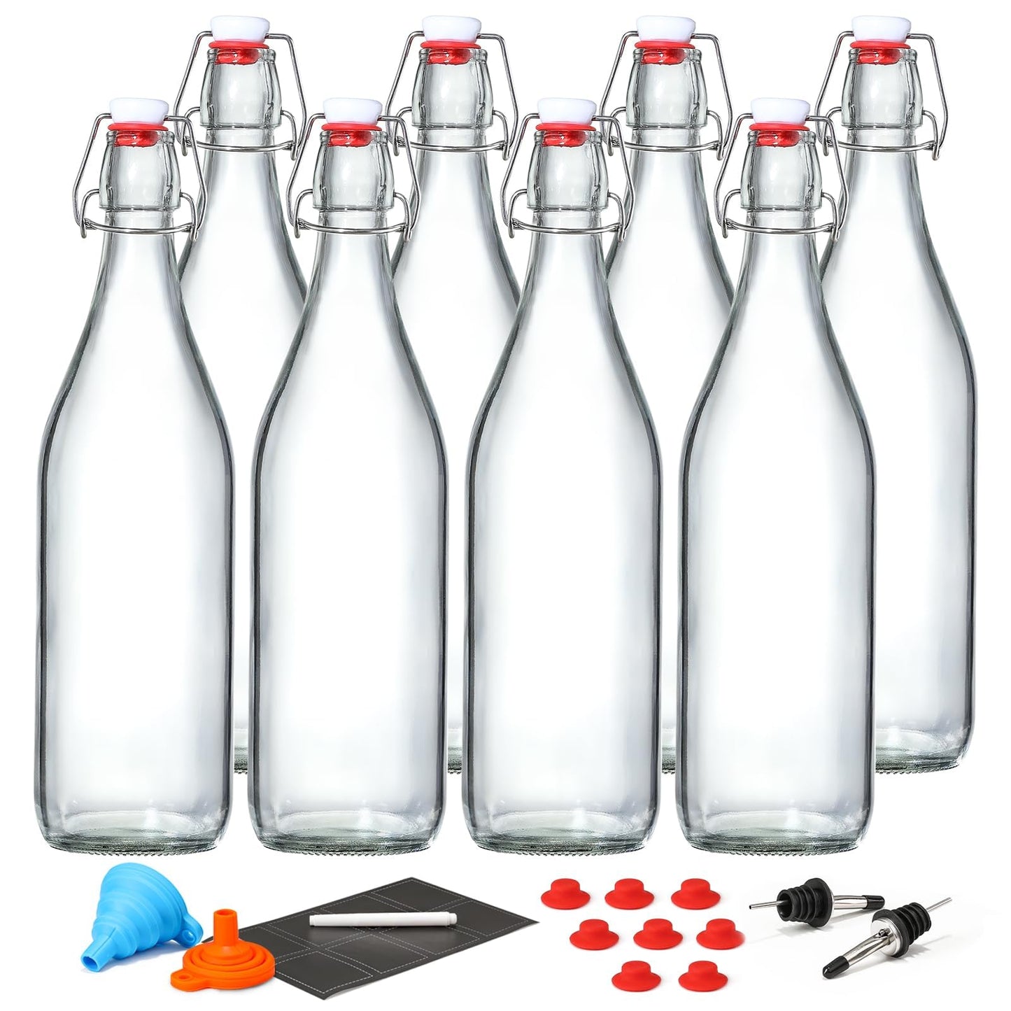 8 Pack [1 L / 33 fl. oz.] Swing Top Glass Bottles w/ Airtight Stopper Lids – Flip Top Brewing Bottle for Fermentation, Kombucha, Mead, Vinegar, Beer, Kefir, Wine, Soda – With 8 Extra Seals & 2 Pourer