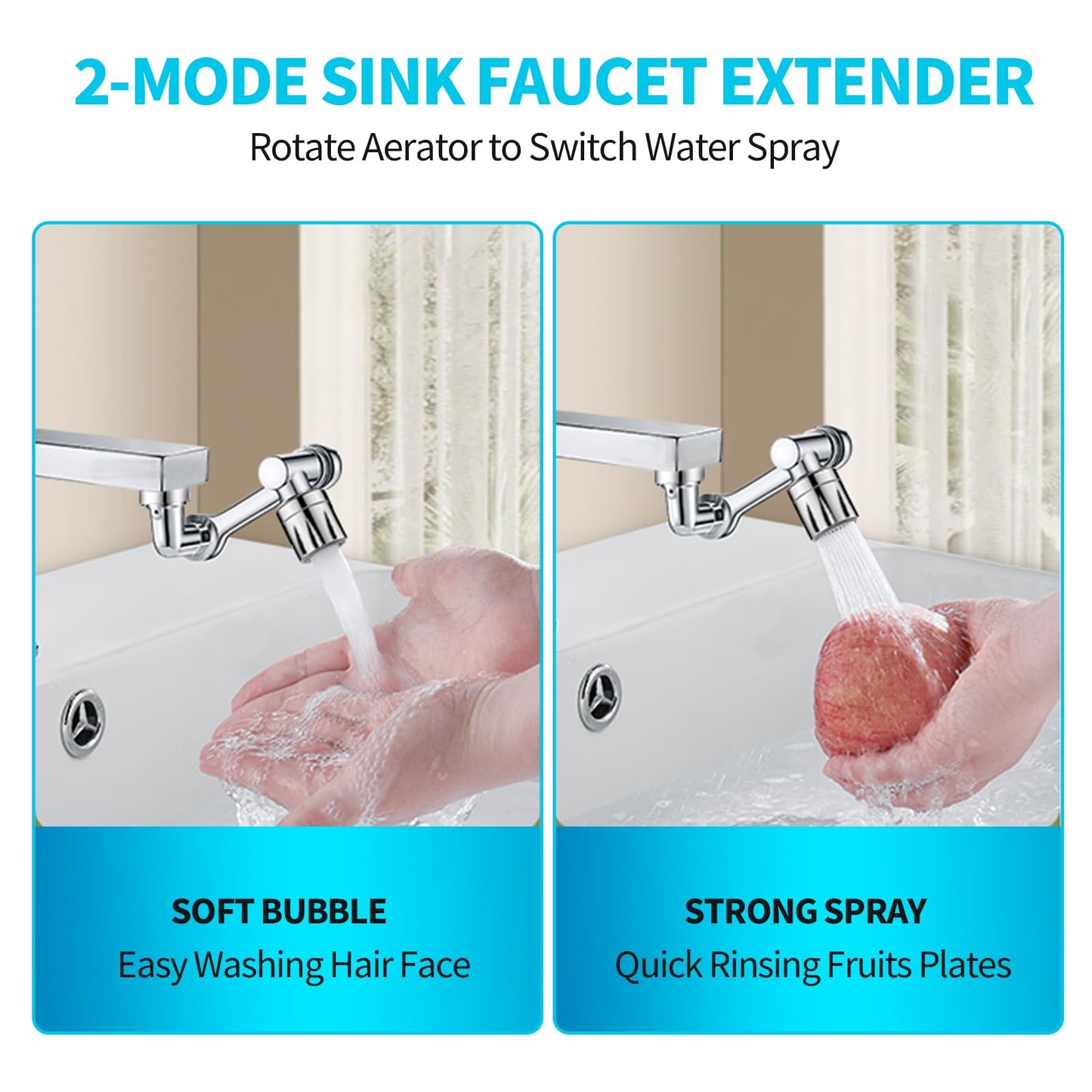 1440° Swivel Faucet Extender Sink Aerator 2 Mode Splash Water Filter Extension Kitchen Bathroom 360° Rotatable Spray Attachment Multifunctional Universal Robotic Arm Wash Hand Hair