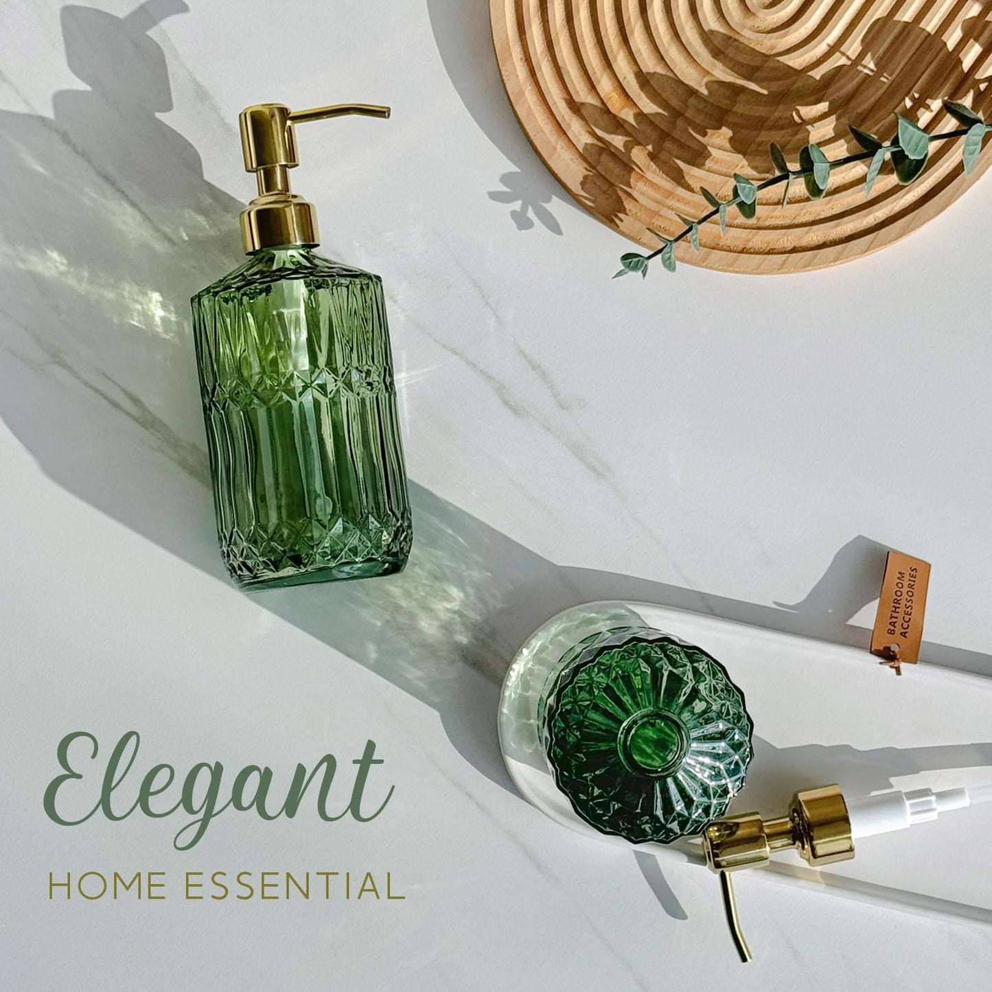 JASAI 2Pack 18Oz Green Glass Soap Dispenser with Gold Rust Proof Pump, Refillable Dish Soap Dispenser for Kitchen, Bathroom Soap Dispenser for Hand soap, Lotion, Body Wash, Dish Soap.