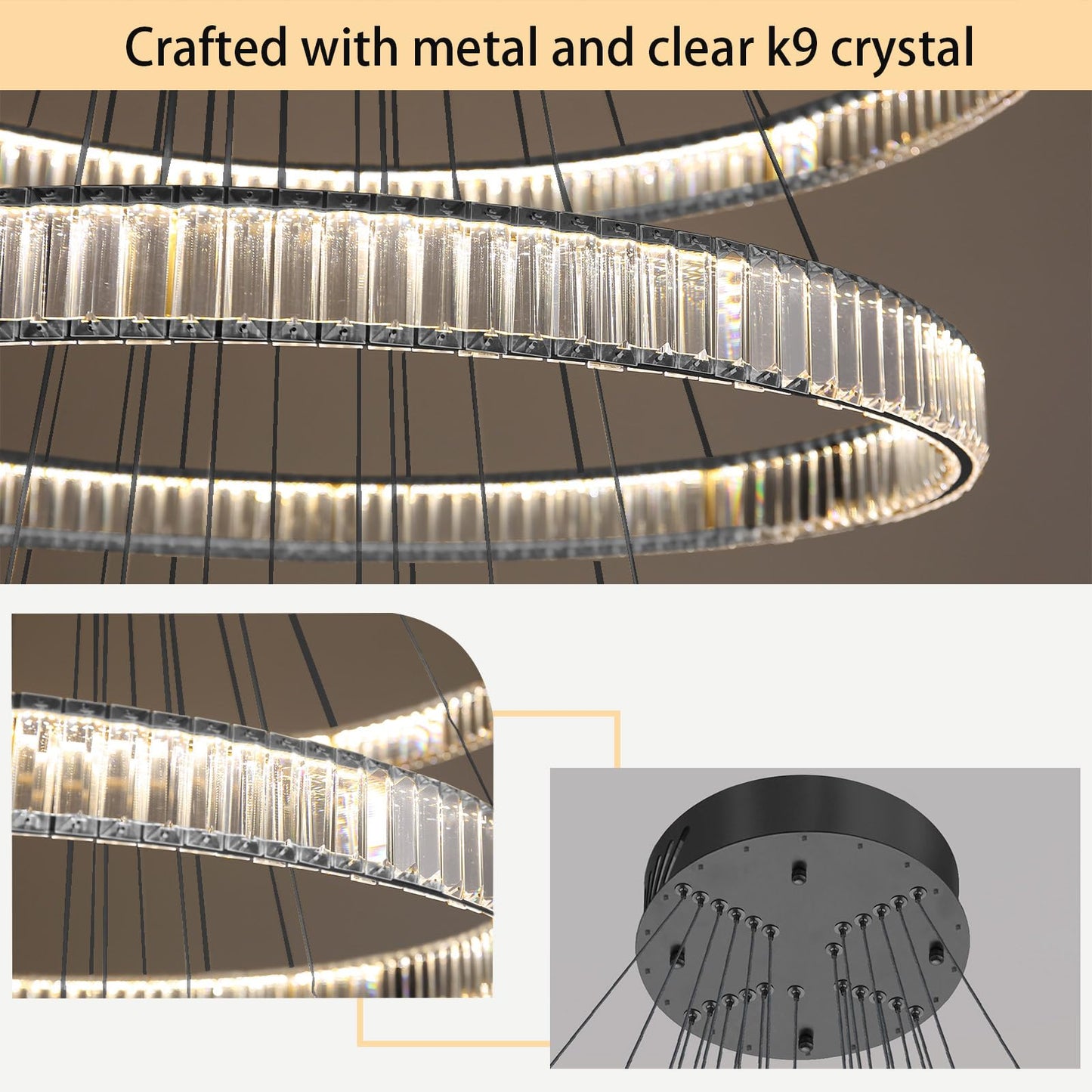 dolria Large Ring Chandelier Modern Crystal Chandeliers for High Ceiling Round LED Dimmable Ceiling Light Fixture for Foyer Long Stair Black 8''+16''+24''+32''+40''+47''