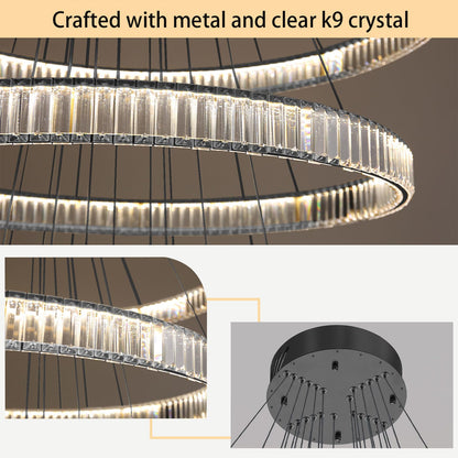 dolria Large Ring Chandelier Modern Crystal Chandeliers for High Ceiling Round LED Dimmable Ceiling Light Fixture for Foyer Long Stair Black 8''+16''+24''+32''+40''+47''