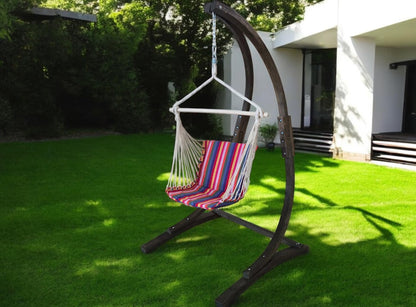 Petra Leisure 7 Ft. Wooden Arc Chair Stand with Hanging Chair - Cozy Swing for Home & Garden Relaxation. 265LB Weight Capacity (Coffee Stain + Red Stripe)