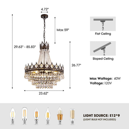 7PM French Empire Crystal Chandeliers, Vintage Crystal Chandelier, Antique Bronze Chandelier, Rustic Farmhouse Ceiling Light Fixture for Dining Room Bedroom Living Room Kitchen Foyer, W 24"