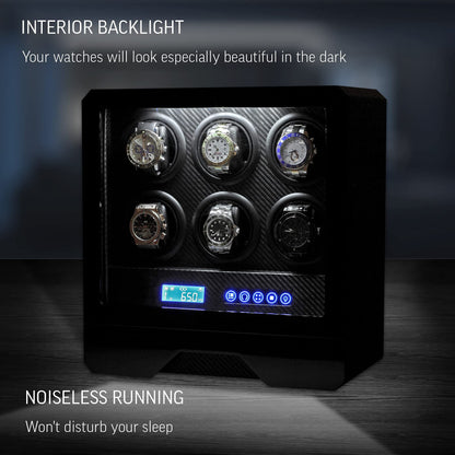 6 Watch Winder with LED Light, LCD Display and Storage Drawer