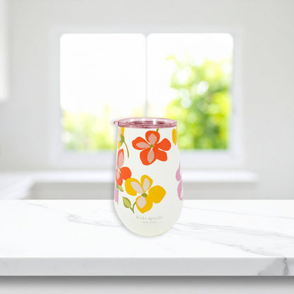 kate spade new york Insulated Stainless Steel Wine Tumbler, 16 Ounce Double Wall Tumbler, Floral Stemless Travel Cup with Lid (Spring Pansies)
