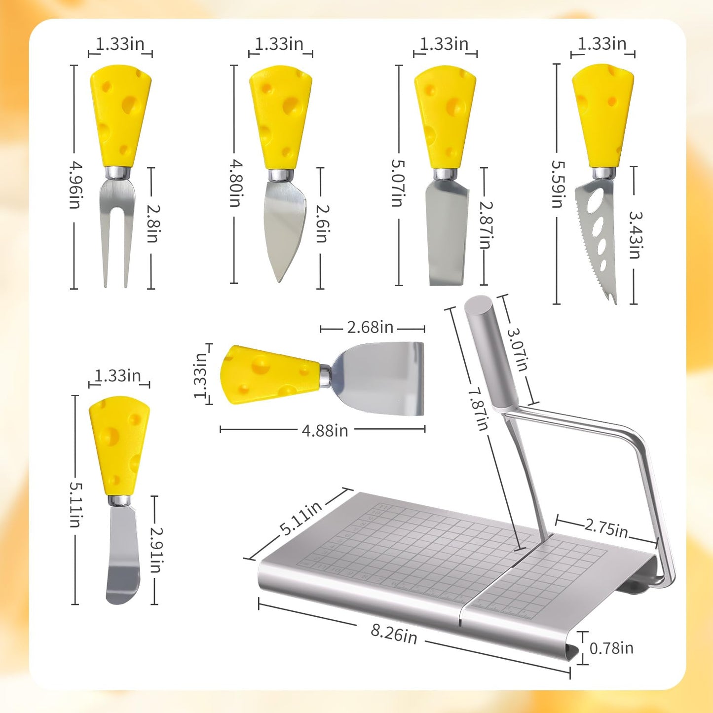 Pershook Cheese Slicer, with Measuring Grids Board & 6 Piece Cheese Knives, Stainless Steel Cheese Cutter with Blade, for Block Cheese, Butter and Sausages, Dishwasher Safe