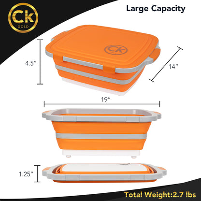 CK GOLD Collapsible BBQ Prep Tub XL with Locking Lid & Drain Hole | Meat Marinating Container with Cutting Board | BPA-Free Food-Grade Prep Tubs for Grilling, Camping & Outdoor Cooking (Orange, 16 L)