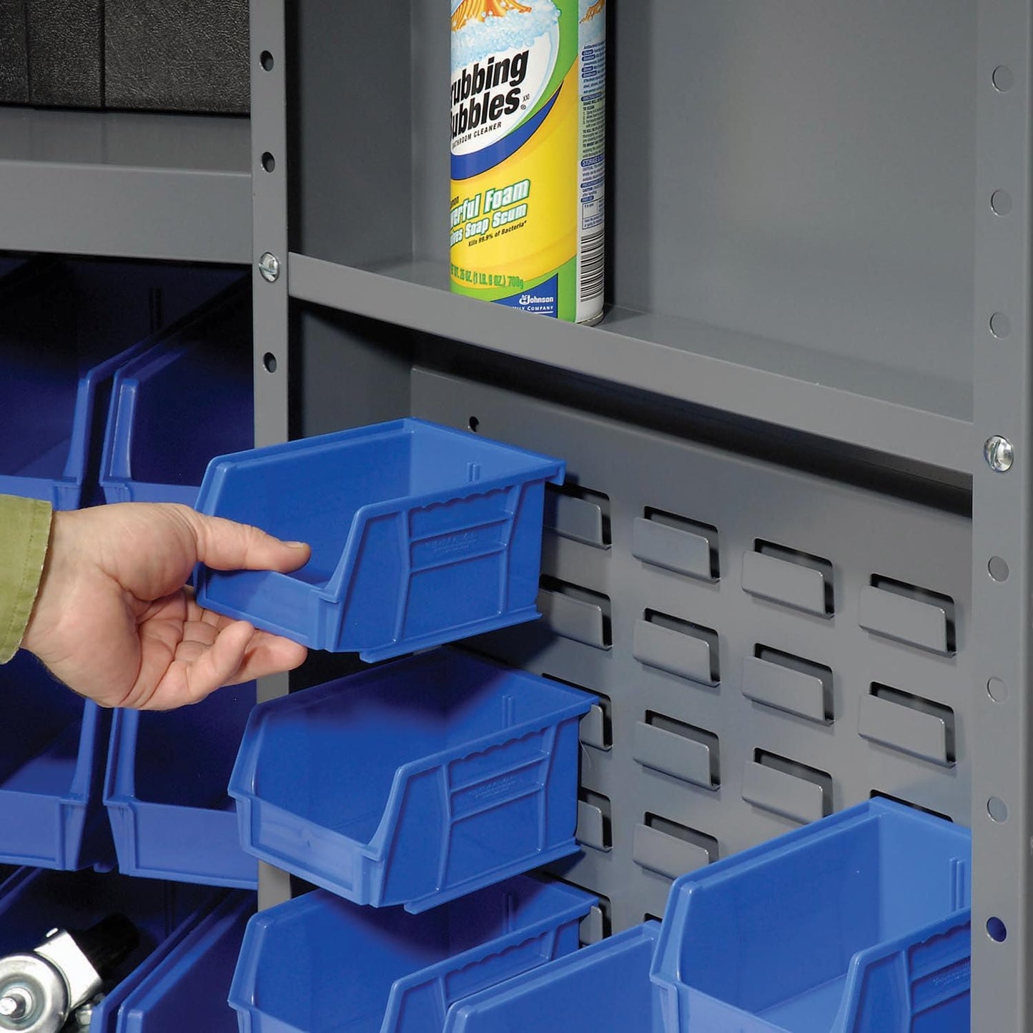 Global Industrial Deep Door Bin Cabinet, Includes 68 Blue Plastic Bins, Padlockable Steel Cabinet, 38" W x 24" D x 72" H, for Tool and Parts Storage, Assembly Required