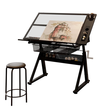 GOLGAILY Rated 72" Adjustable Drafting Table with Tempered Glass Top Black Metal Frame 40.15" L x 23.62" W