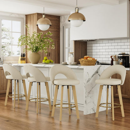 FERFALDER Bar Stools Set of 2, Swivel Counter Height Bar Stools with Bentwood Legs,Metal Footrest,Mid Century Modern Faux Leather Upholstered Counter Stools for Kitchen Island, Bar, Restaurant-Beige