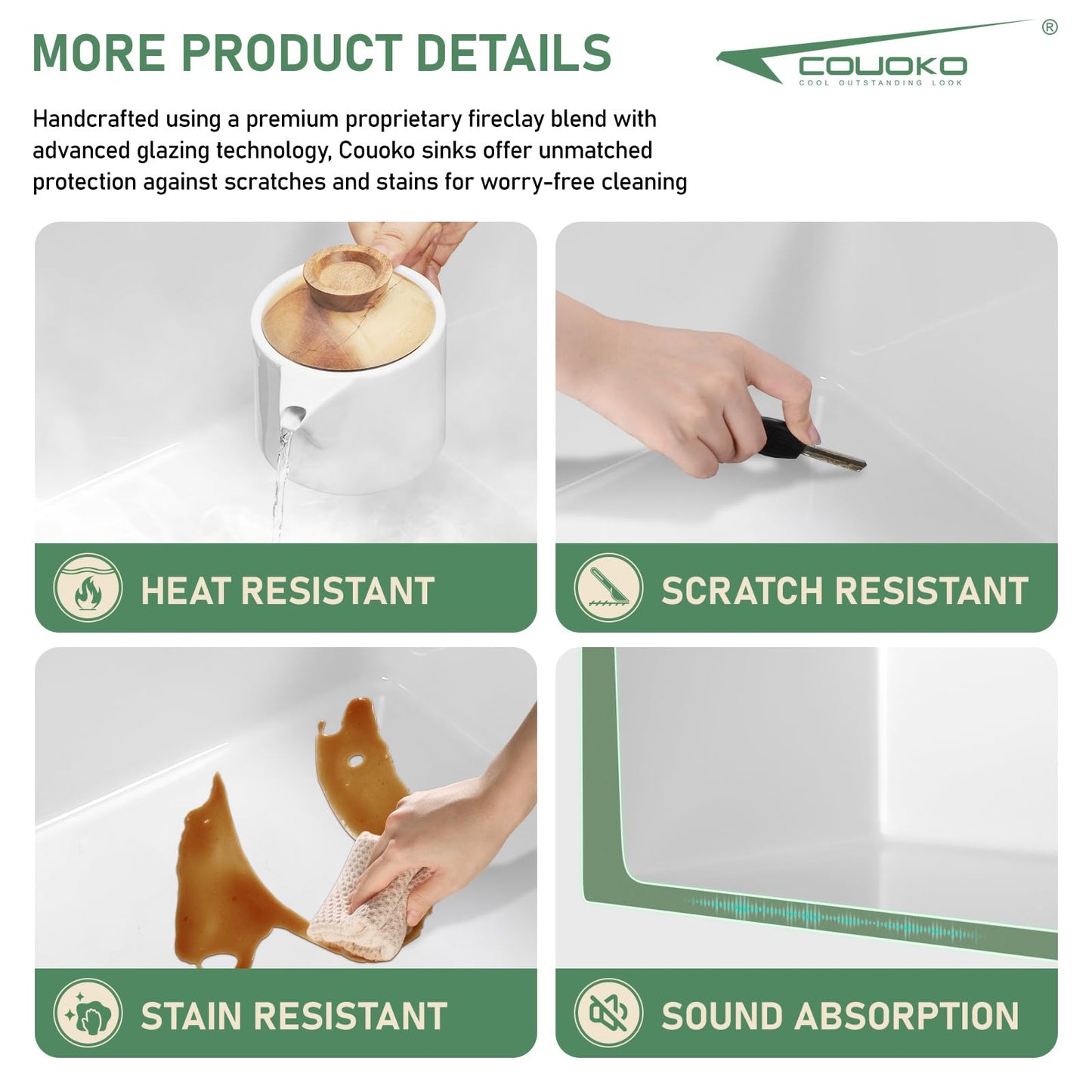 Couoko White Farmhouse Sink 33 Inch Fireclay Reversible Apron Front Farm Sink 33"x18"x10" Glossy White Porcelain Farms House Style Single Bowl Farmhoues kitchen Sinks with Luxury Accessories