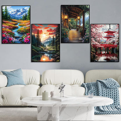 Diamond Art Kits for Adults, 4 Packs Landscape Diamond Art Painting Kits for Adults, Diamonds Painting Kit for Adult, 5D DIY Full Round Drill Gem Craft for Adult Gifts, Home Wall Decor 11.8" x 15.7"