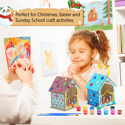 DoubleFill 24 Pcs Christmas Nativity Painting Craft Kits for Kids Make Your Own Religious Jesus House DIY Coloring Wooden Christian Nativity Craft for Classroom Art Sunday School