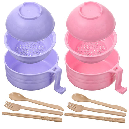 2 Sets Microwave Ramen Bowl & Noodle Cooker Bowl with Handles Strainer Spoon Chopstick Fork - Microwave Pasta Cooker, 40 oz BPA-Free Wheat Fiber Bowls for Instant Noodles, Dorm & Office Essentials