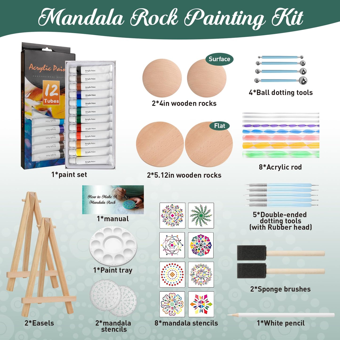 Mandala Rock Painting Kit - Mandala Dotting Tools for Painting - Including Large Wooden Rocks, Acrylic Paints, Stencils, Painting Tools, Manual, Arts Crafts Kit for Adults, Gifts for Women/Mom