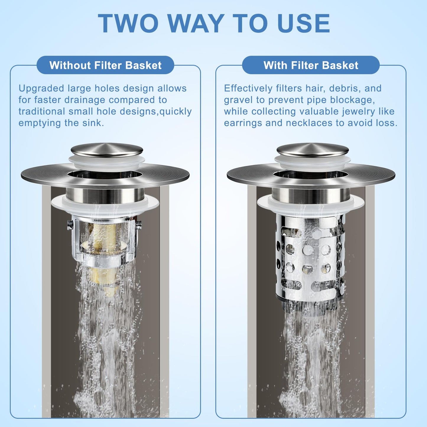 Upgraded 3 in 1 Bathroom Sink Drain Strainer, Universal Pop Up Stopper with Removable Stainless Steel Filter Basket Hair Catcher, Sink Plug for 1.1''~2.36'' Basin, Brushed Nickel Finish(2PC)