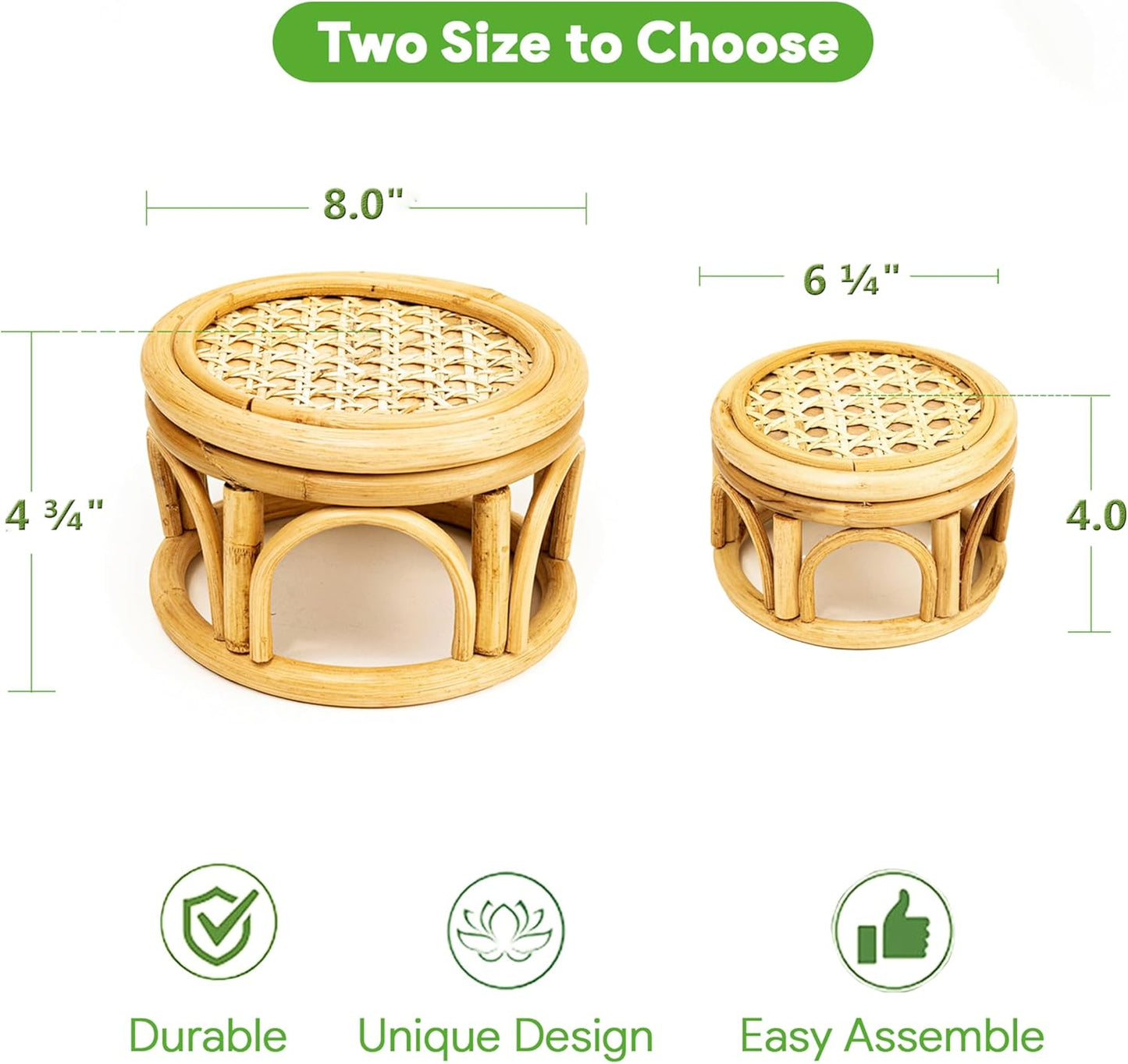 Set 2 of Small Boho Rattan Wicker Round Riser Plant Stand Indoor,Rustic Farmhouse Natural Wooden Circle Pedestal