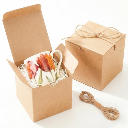 UnicoPak 30 Pack 5x5x5 Small Gift Boxes with Lids & Twine - Premium USA Kraft Cardboard - Pop-Up Easy Assembly Gift Boxes for Mugs, Candles, Ornaments & Christmas