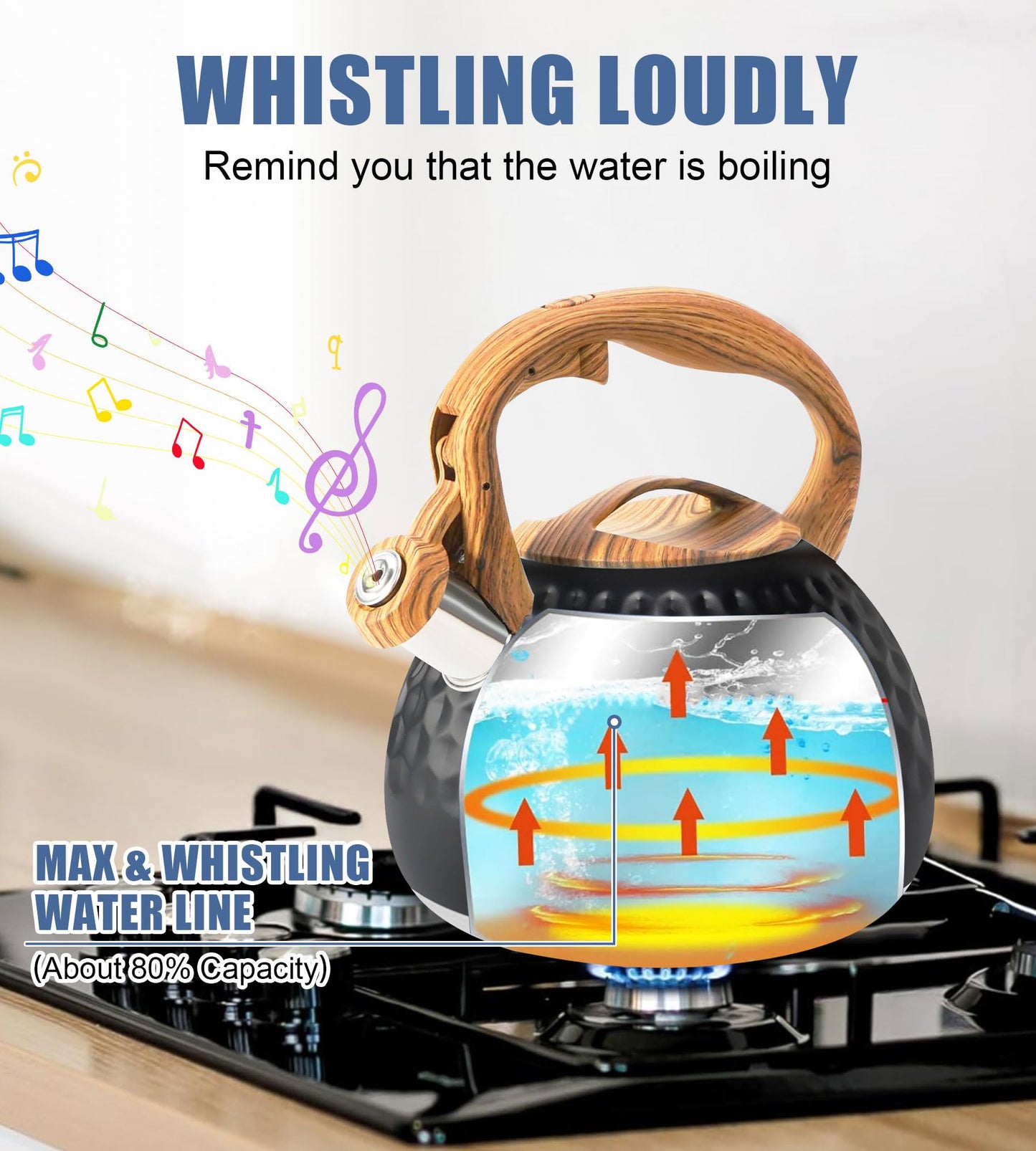 Foedo Tea Kettle Stovetop, 3.2 Qt Stainless Steel Whistling Kettle for Stove Top, Food Grade Teapot with Wood Pattern Handle for Coffee, Milk etc, Gas Electric Applicable (Black)