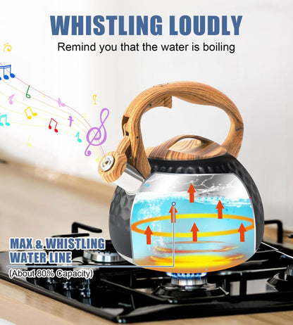 Foedo Tea Kettle Stovetop, 3.2 Qt Stainless Steel Whistling Kettle for Stove Top, Food Grade Teapot with Wood Pattern Handle for Coffee, Milk etc, Gas Electric Applicable (Black)