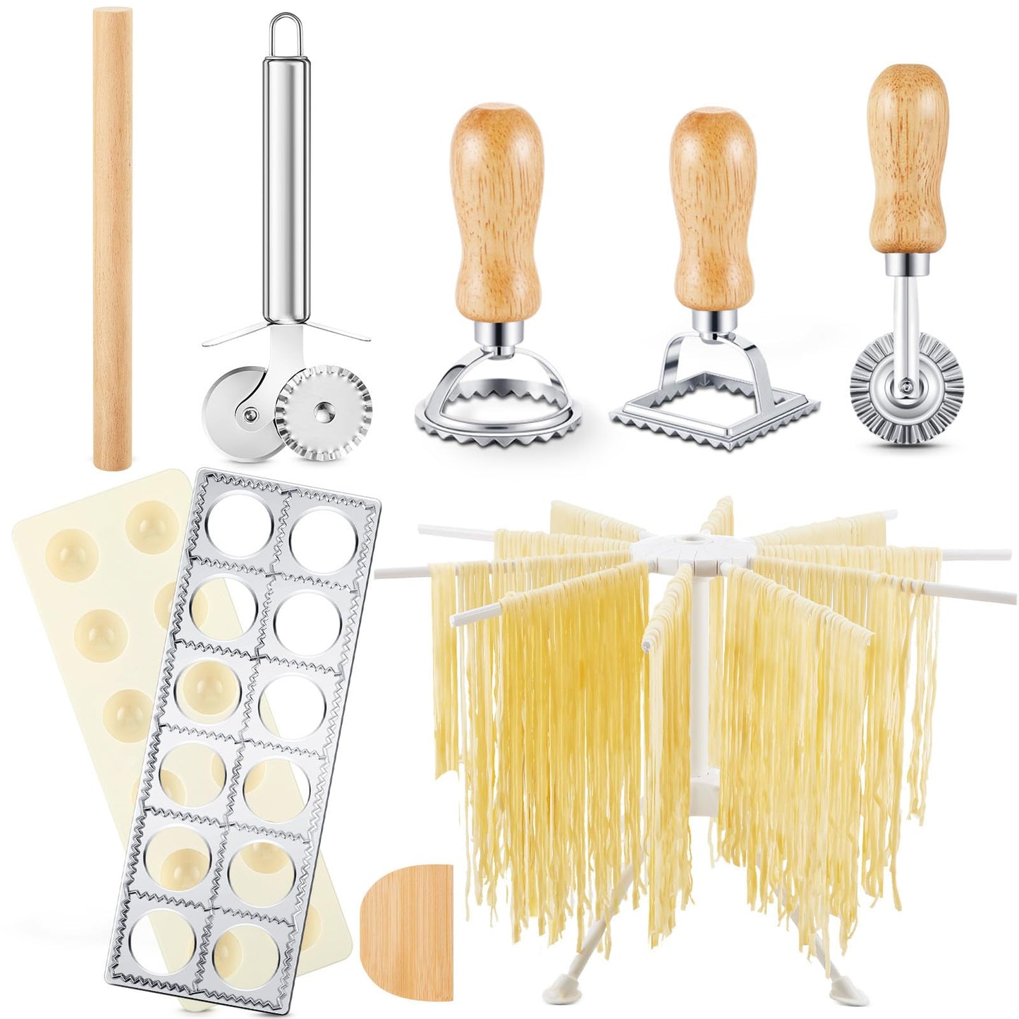 Geetery 5 Pieces Ravioli Mold Set, 12 Holes Ravioli Maker Press, 3 Pasta Cutter Stamps, Wood Rolling Pin, Pasta Making Tools, Pelmeni Mold, Manual, Stainless Steel, White, Silver, Wood Color