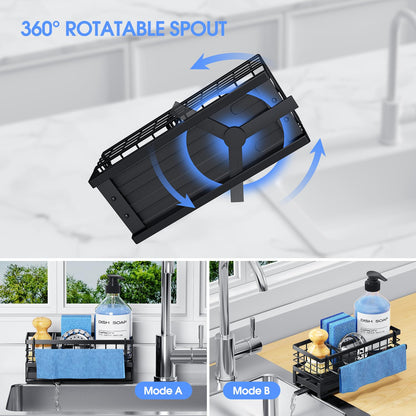 DYFVREN Kitchen Sink Sponge Holder, Rustproof Non-Slip Self-Draining Metal Sink Caddy with Detachable Dish Cloth Holder (Black)