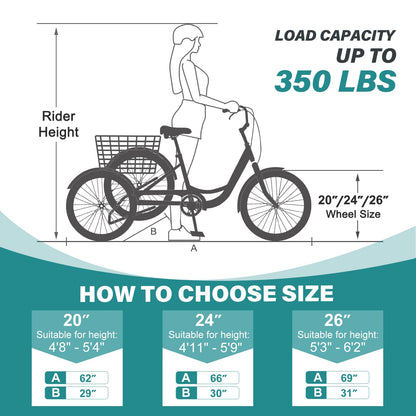 MOPHOTO Adult Tricycle 7 Speed, 20/24/26 Inch Low Step-Through Adult Trike with Large Rear Basket, 350 lbs Capacity 3 Wheel Bike for Seniors, Women and Men