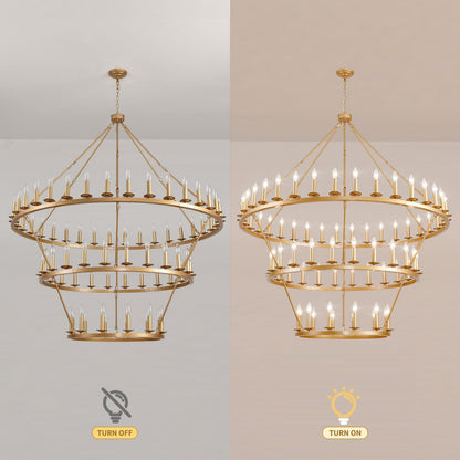 QJMPP 3 Tier Gold Wagon Wheel Chandelier,Extra Large 60-Inch 72-Light Circle Light Fixture,Round Chandeliers for Foyer Entryway Dining Room Living Room High Ceilings