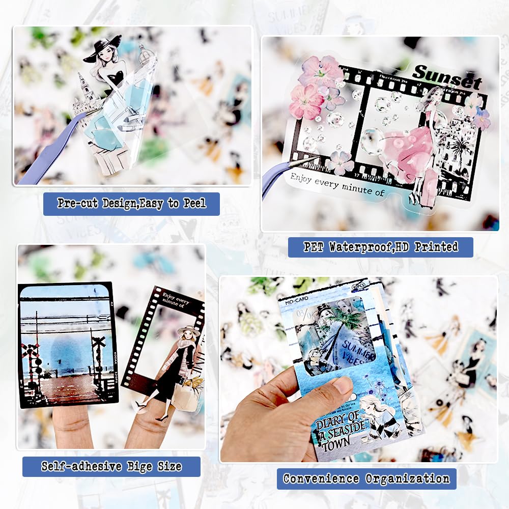 Dwpetzo 240 Pieces Aesthetic Scrapbook Sticker Set, Assorted Landscape Romantic Encounter Scenes PET People Stickers for Journaling, Scrapbooking, Junk Journal Supplies, Collage, DIY Crafts Arts