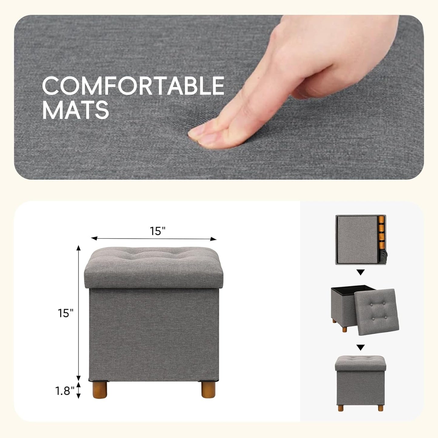 15" 15" 15"Grey PINPLUS Storage Ottoman Cube, White Linen Footrest with Wooden Legs, Foldable Fabric Footrest