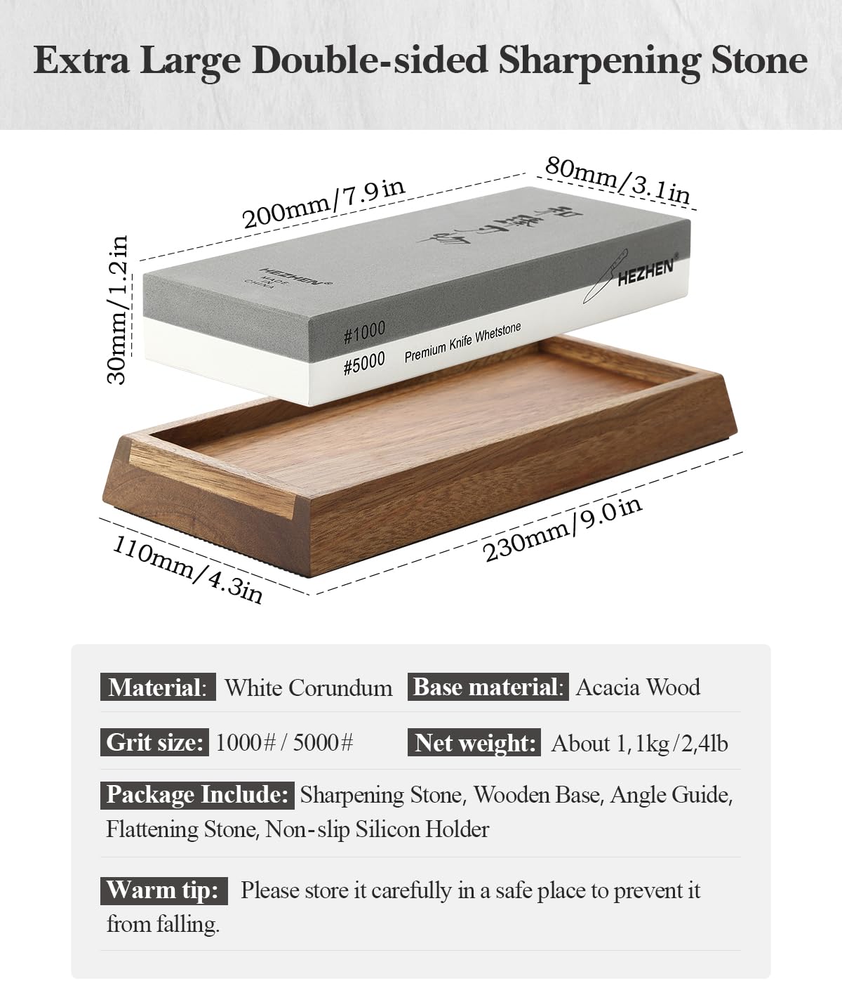HEZHEN Extra Large Double-sided White Corundum Whetstone Knife Sharpening Stone Grit 1000/5000 Waterstone- 7.9x3.1x1.2 inch Knife Sharpener- Non-slip Acacia Wood Base & Flattening stone & Angle Guide