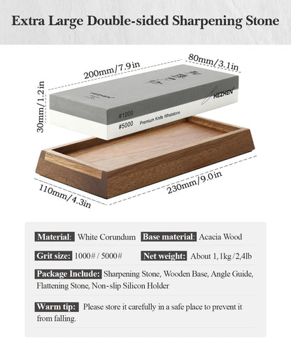 HEZHEN Extra Large Double-sided White Corundum Whetstone Knife Sharpening Stone Grit 1000/5000 Waterstone- 7.9x3.1x1.2 inch Knife Sharpener- Non-slip Acacia Wood Base & Flattening stone & Angle Guide
