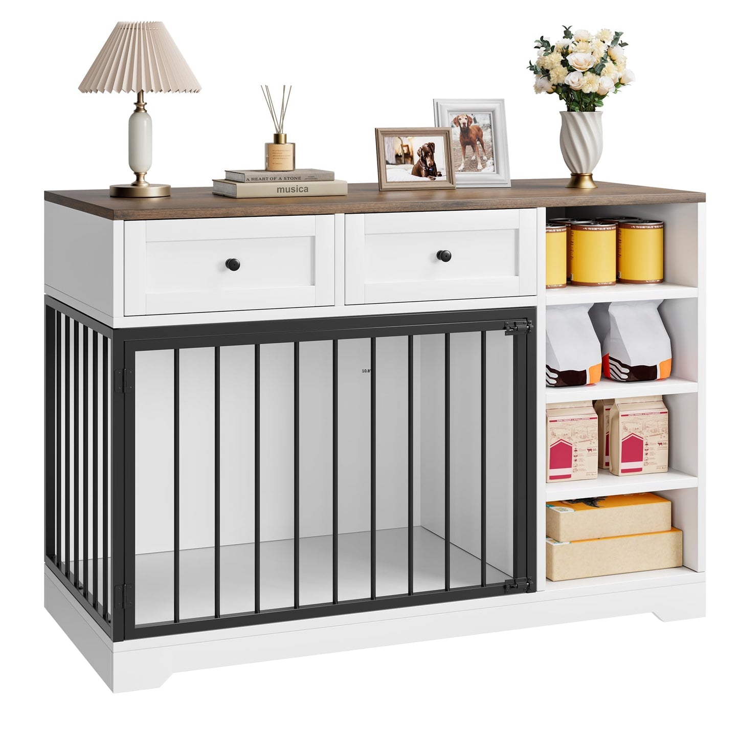 Garvee 47 in Dog Crate Furniture with 2 Storage Drawers, 4 Deep Shelves, Farmhouse Extra Large Wooden Dogs Cage End Table, Multi-Functional Indoor Dog Kennel for Large Medium Dogs