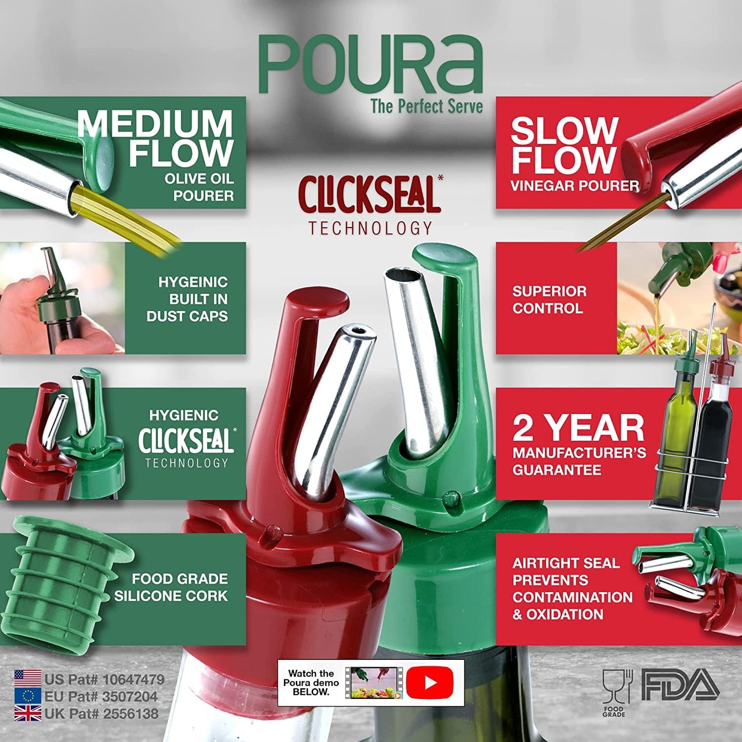 Poura Vinegar and Olive Oil Bottle Drizzler Set with ClickSeal BPA Free Pour Spouts | Glass Oil & Vinegar Dispenser Bottles for Cooking & Dining | Hygienic Covers + Silicone Decanter Funnel 250ml