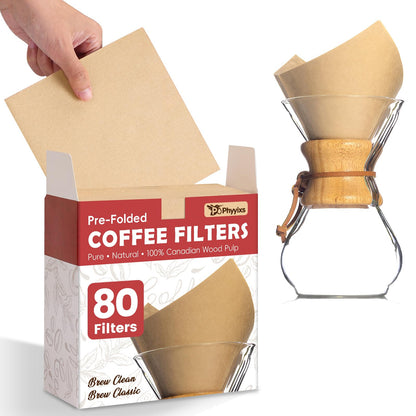 Phyyixs Pre-Folded Unbleached Cone Coffee Filters – Premium Thick Paper, Compatible with Chemex Pour-Over Brewers (80 Filters)