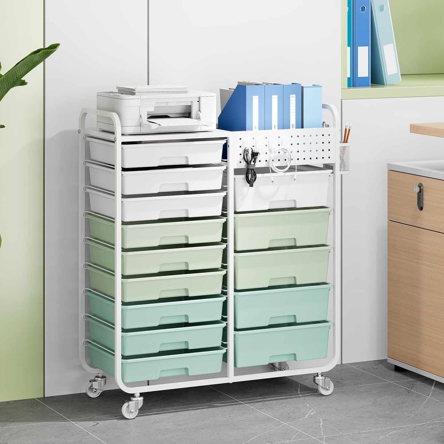 Rolling Storage Cart with 14 Drawers, Storage Organizer Cart with Tabletop and Pegboard,Utility Cart for Living Room, Classroom, Bedroom,Bathroom,Dorm,Office (Green)