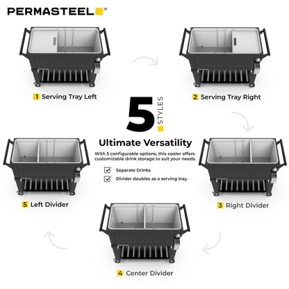 Permasteel Party Cooler with Divider, Spacious 80-Qt Capacity, Chills 36hrs, Serving Tray, Rolling Ice Chest for Indoor and Outdoor Entertainment, Matte Black