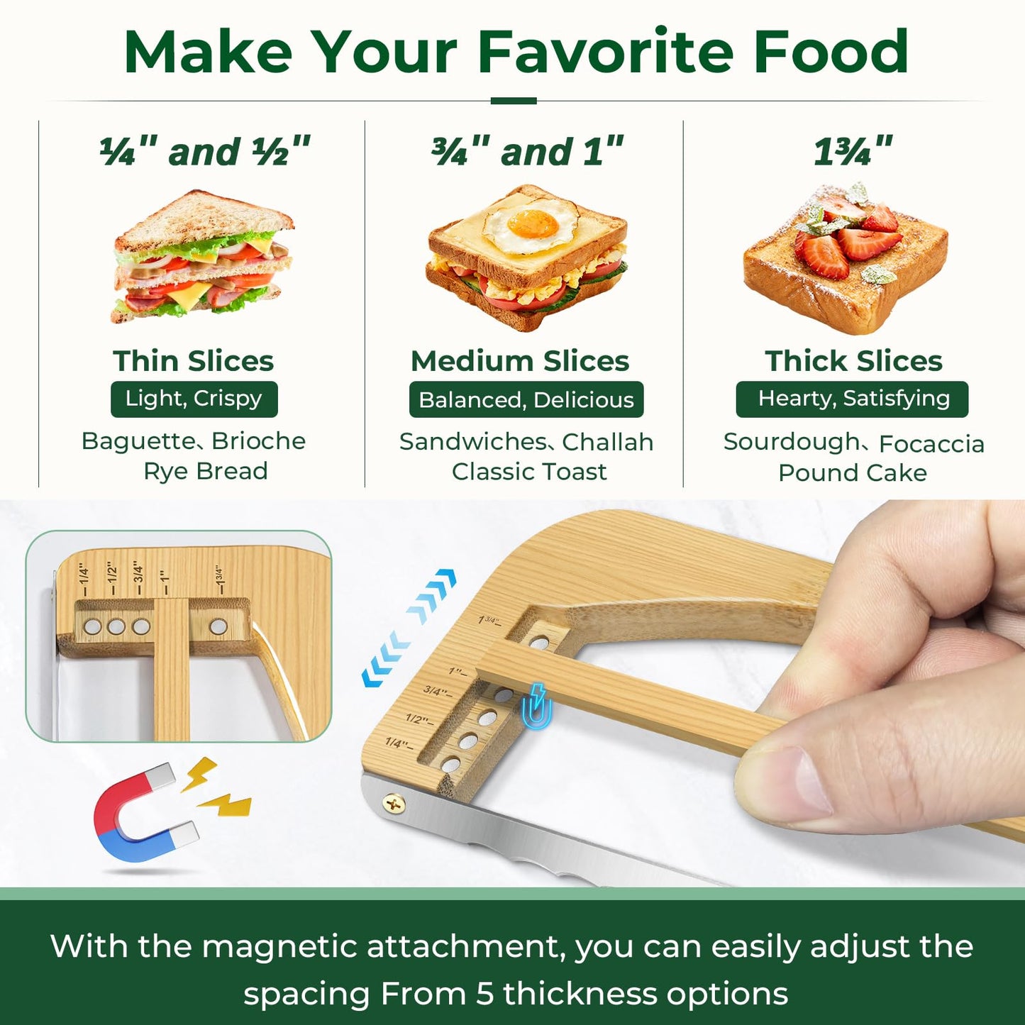 Adjustable Bread Slicer for Homemade Bread, 16.5'' Sourdough Bread Knife with Magnetic Adjustment Mechanism 5 Thickness Guides, Stainless Steel Serrated Bread Cutter for Bagels, Baguettes and More