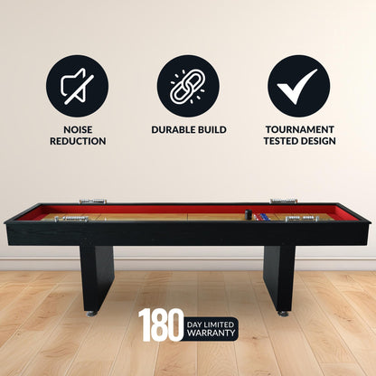 Hathaway Avenger 9 Ft Shuffleboard Table for Family Game Room – Poly-Coated Playfield, Built-in Scorer & Cabinet, Carpeted Gutters, 8 Pucks, Brush & Wax – Black Finish