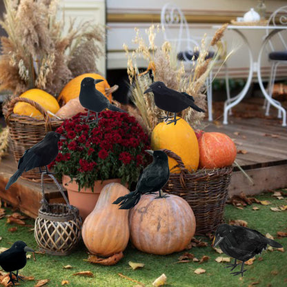6 Pieces Halloween Black Feathered Crows - Realistic Handmade Ravens for Indoor Outdoor Decoration, 3 Styles