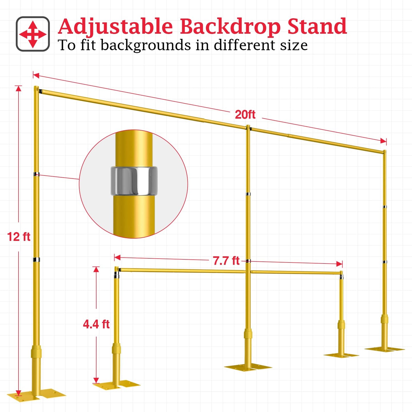 EMART Backdrop Stand Heavy Duty 8.9ftx20ft, Adjustable Pipe and Drape Photo Background Support Kit, Metal Frame with Flat Base for Wedding Birthday Party Banquet Decorations-Gold