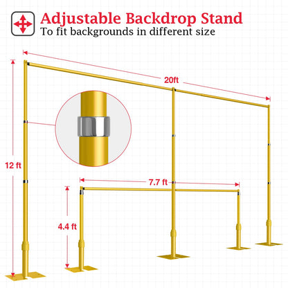 EMART Backdrop Stand Heavy Duty 8.9ftx20ft, Adjustable Pipe and Drape Photo Background Support Kit, Metal Frame with Flat Base for Wedding Birthday Party Banquet Decorations-Gold